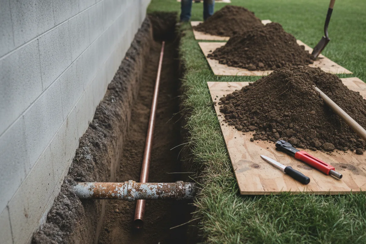 Excavated water line trench during Water Softener Installation in Orange Beach